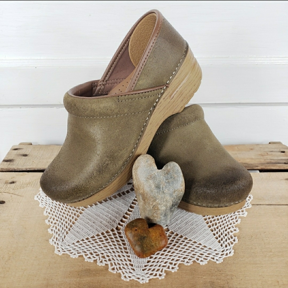 Moss Taupe Dansko Pro Honey Clog Olive Burnished Distressed Boho Cottage Prairie